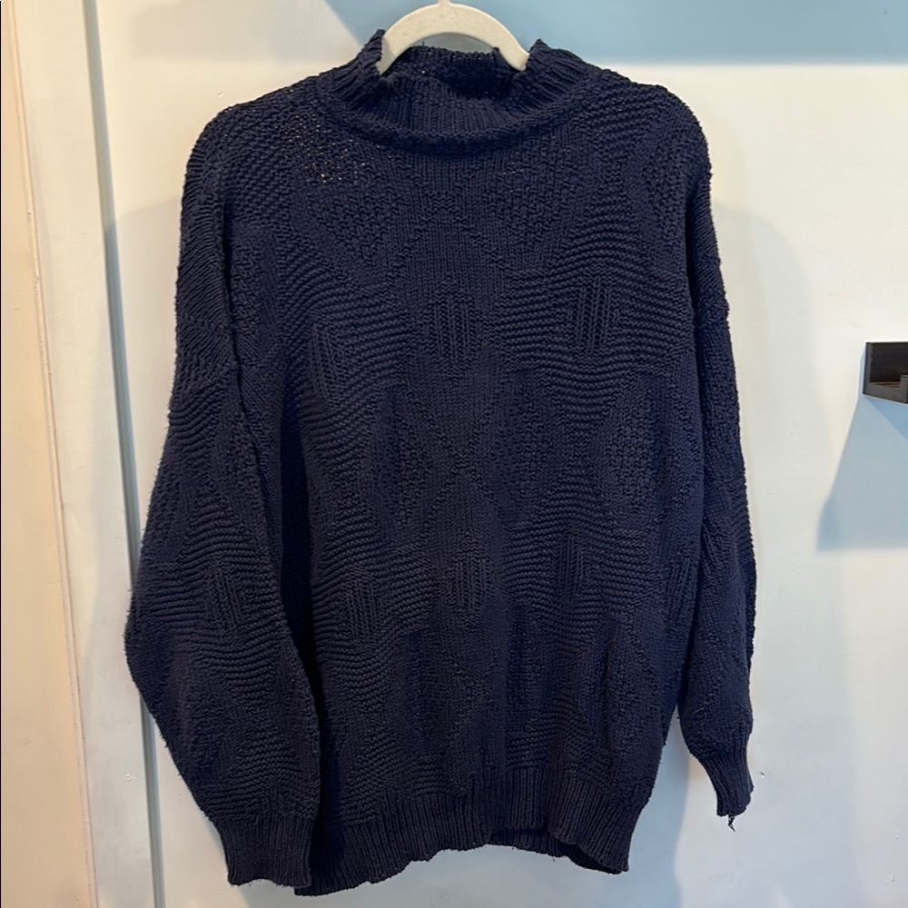 Blue Crew Neck Sweater with Textured Knit and Dropped Shoulders